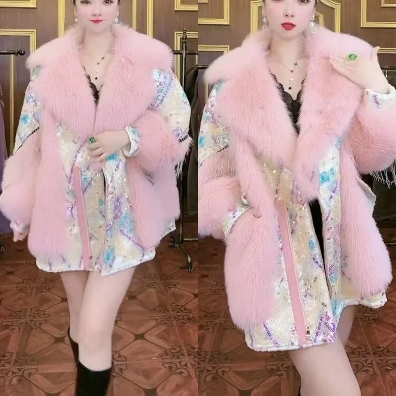 Winter Heavy Autumn Industry Tassel Sweet Long Sleeve Coat Women Loose Oversized Overcoat Slimming Plush Faux Fur Jacket