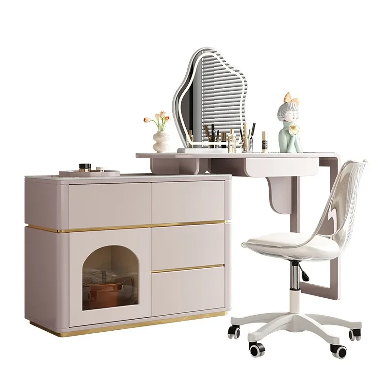 Pink and White Modern Simple Dresser Storage Cabinet Master Bedroom Vanity Table Integrated Desk with Retractable Storage
