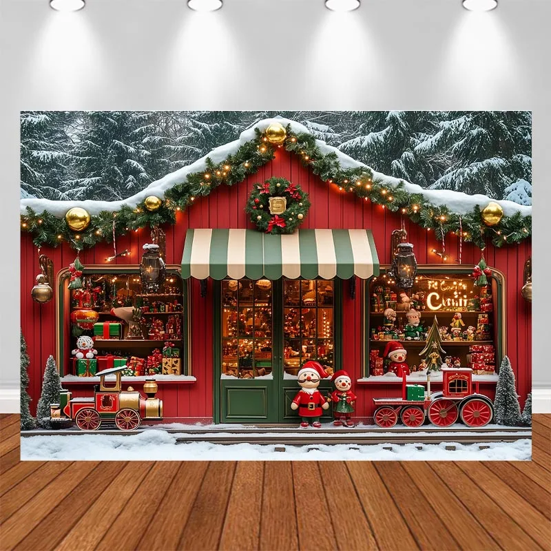 LS Photography Background Red Christmas Toy Store Wreath Decoration Family Xmas Holiday Party Portrait Photo Studio Props