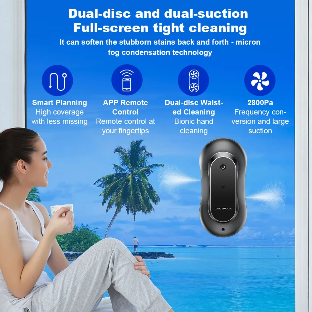 LIECTROUX YW810 2800Pa Robot Window Cleaner 2-Way Water Spray Dry Wet Mopping AI Rout Brushless Motor & Fan APP & Remote Control