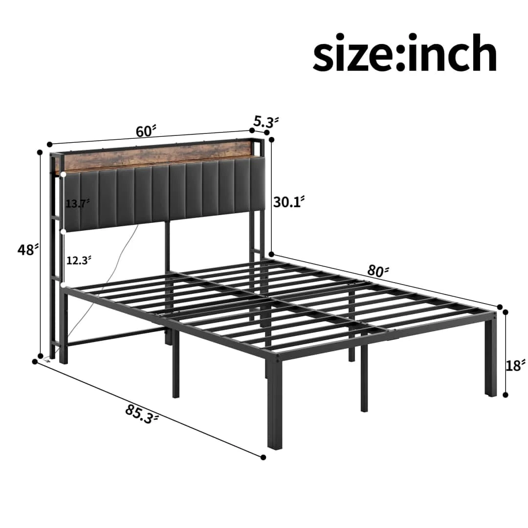 [US Stock] Queen Bed Frame with Charging Station, Metal Platform Bed w/ Storage Headboard, PU Leather, No Box Spring Needed, Bla