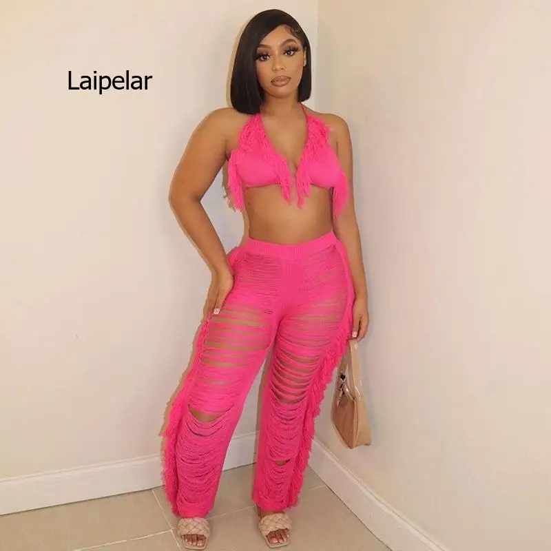 Laipelar Ripped Side Tassel Straight Pants Women Sexy Gradient Trend Loose Party Hipster Skinny Street High Waist Trousers