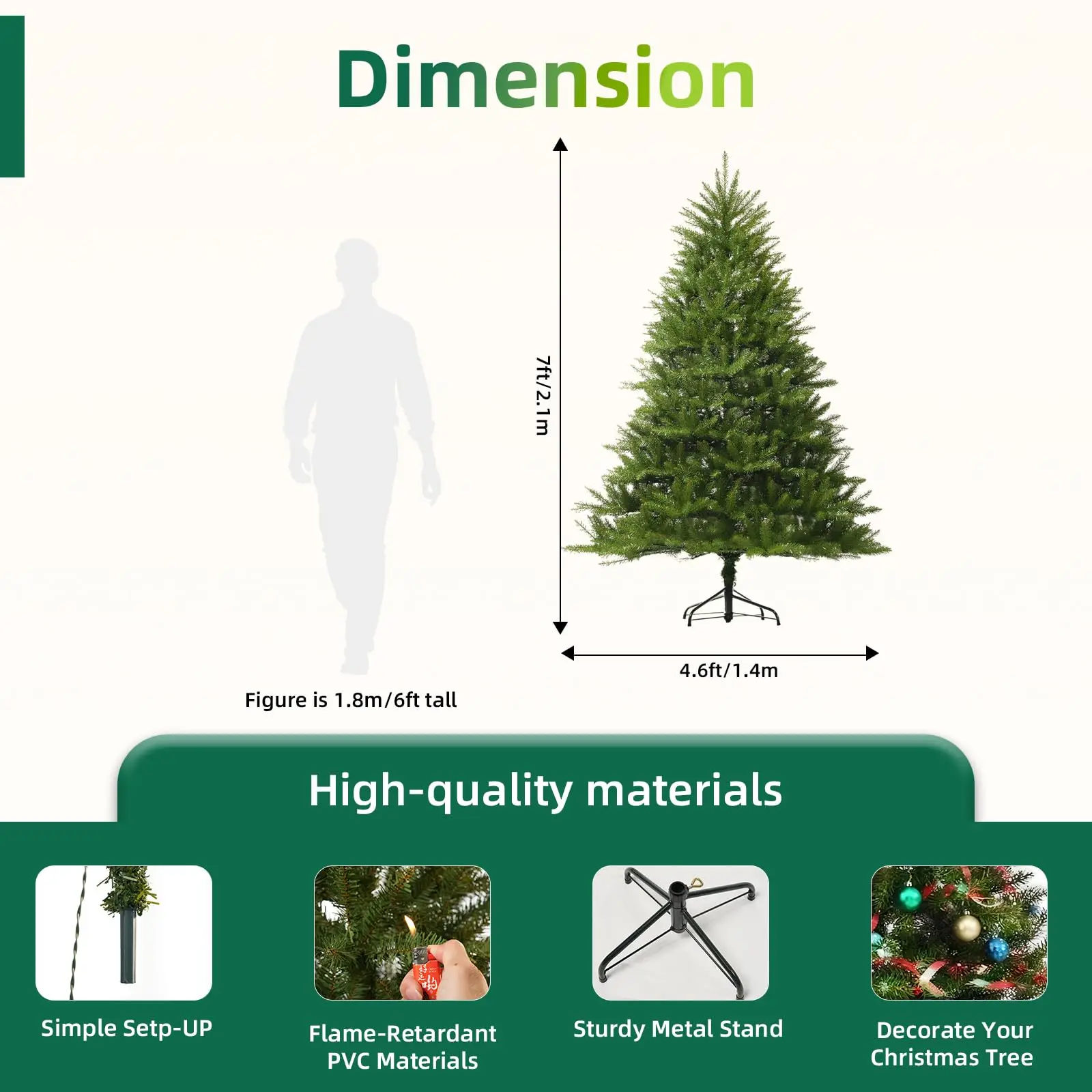7FT Unlit Christmas Tree Green, Dunhill Fir Artificial Tree with 2144 PVC Branch Tips, Realistic Full Shape, Foldable