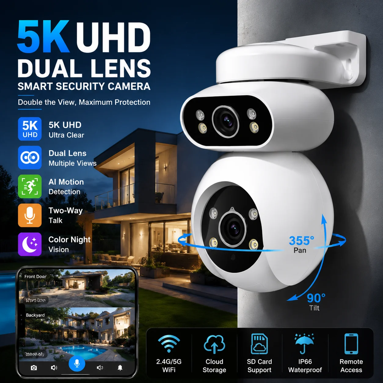 10MP 5K Dual Lens Dual Screen PTZ Security Camera Outdoor WiFi Camera AI Human Detection Auto Tracking Wireles CCTV Surveillance