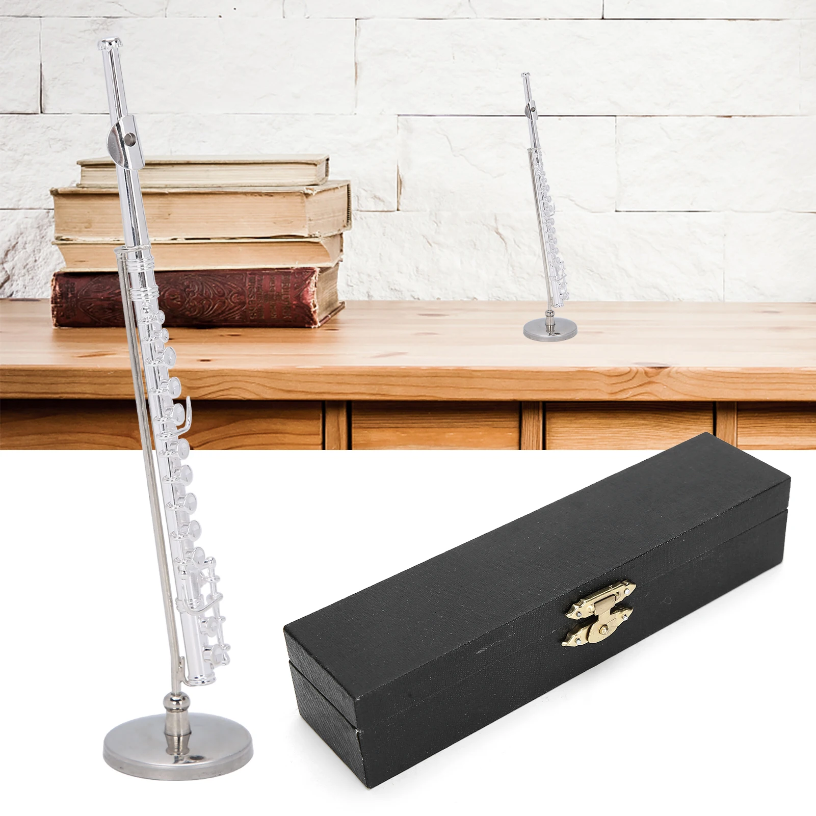Copper Miniature Flute With Stand Mini Musical Instrument Model Accessory Gift Silver 14cm
