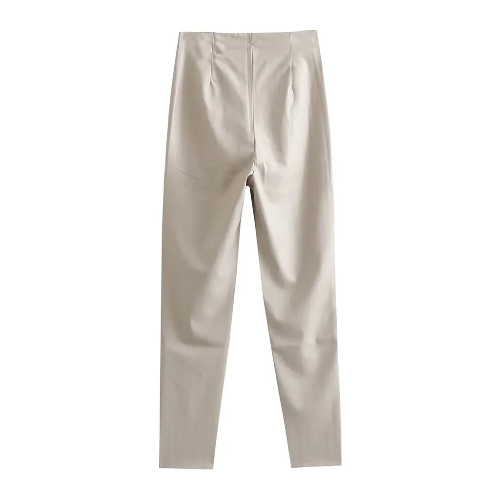 Black Beige Light Brown Three Color High Waist Slim Artificial Leather Side Zipper Women Long Leggings   New