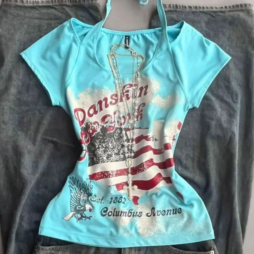 

Onalippa Summer New Retro Hanging Neck Waist Pinching Shoulder Length Short Sleeved T-shirt Vintage Sweet Stylish Outfit Top