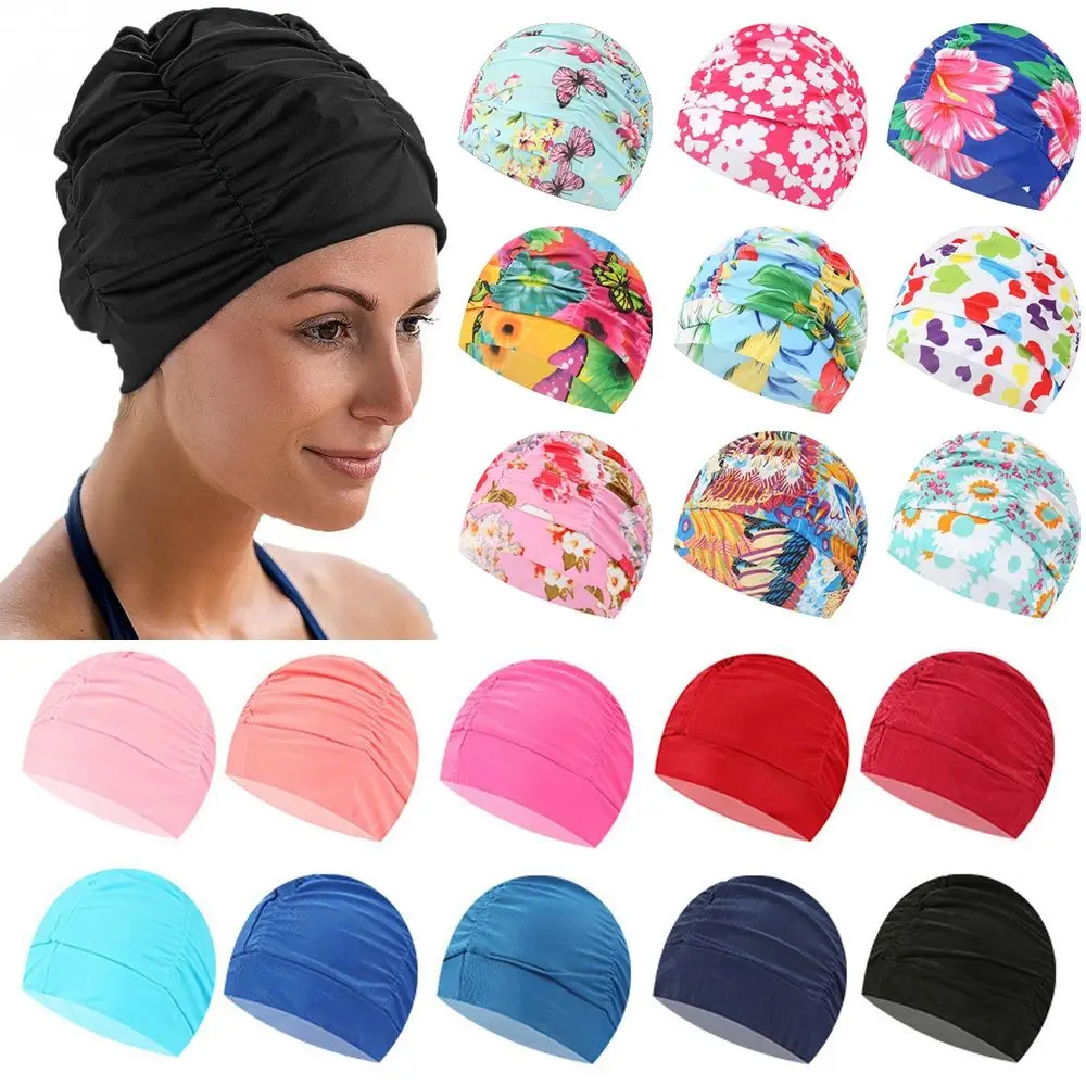 Hot Free size Ears Pleated Swimming Cap Pool Bathing Hats Long Hair Protect Elastic Nylon Turban