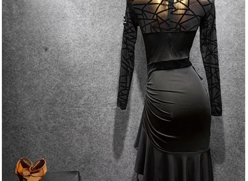 Damen Lateinamerikanische Tanz-Übungskleider Mädchen Langarm Sexy Mesh Ballsaal-Tanz Tango Chacha Professionelles Wettkampfkostüm – Detail 12