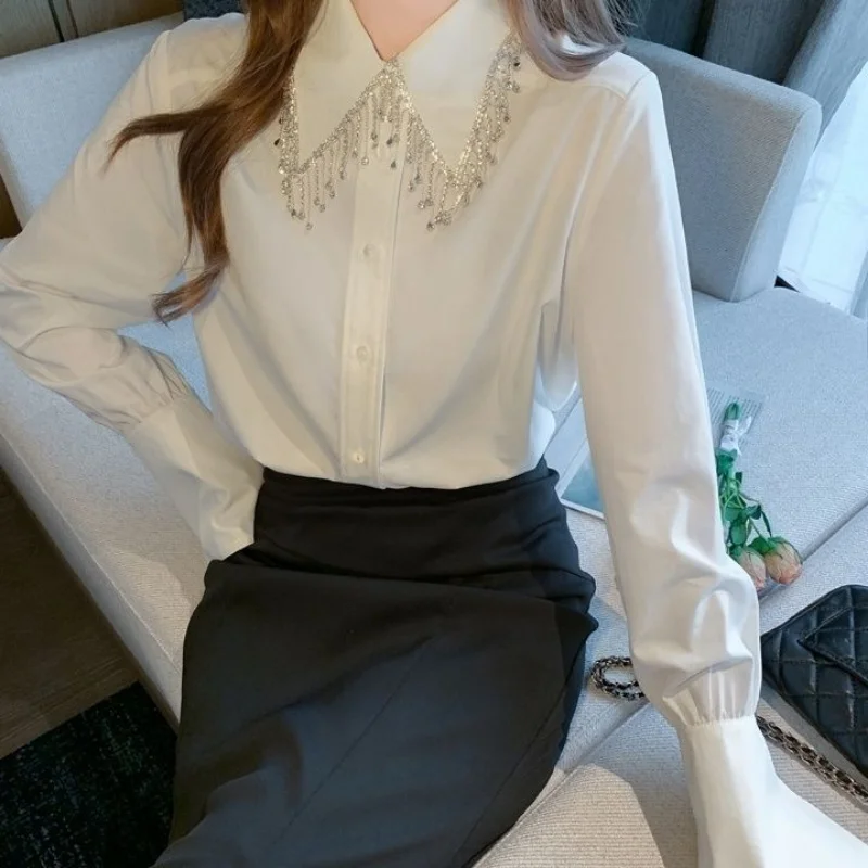 Women\'s Korean Luxury Tassel Diamonds Button Shirt Office Lady Elegant Chic Business Casual Blouse Black White Long Sleeve Tops