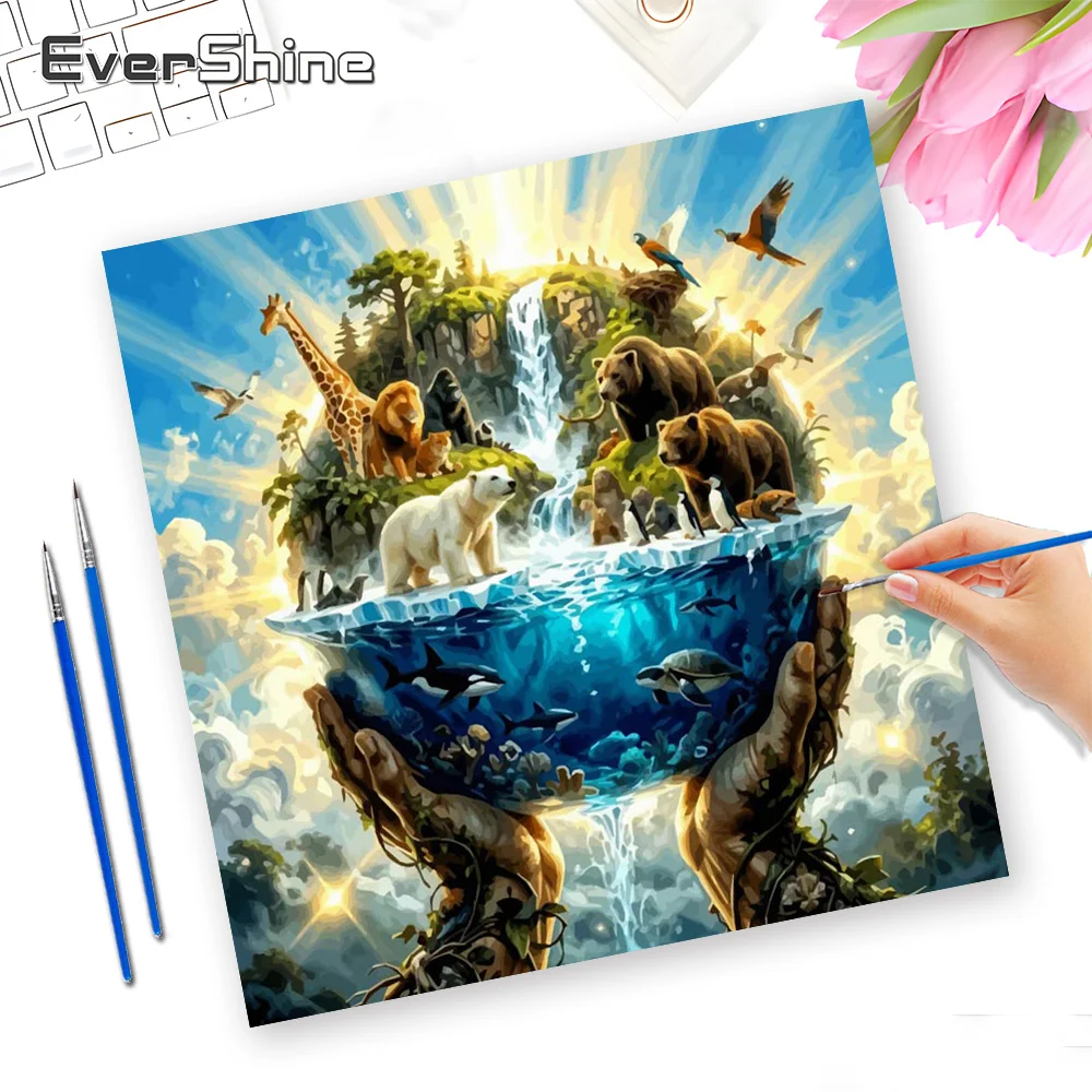 Evershine Oil Painting Earth Animals Bear Lion Colorful Canvas Drawing By Numbers Set Bird Pattern For Adult Beginners Wall Art