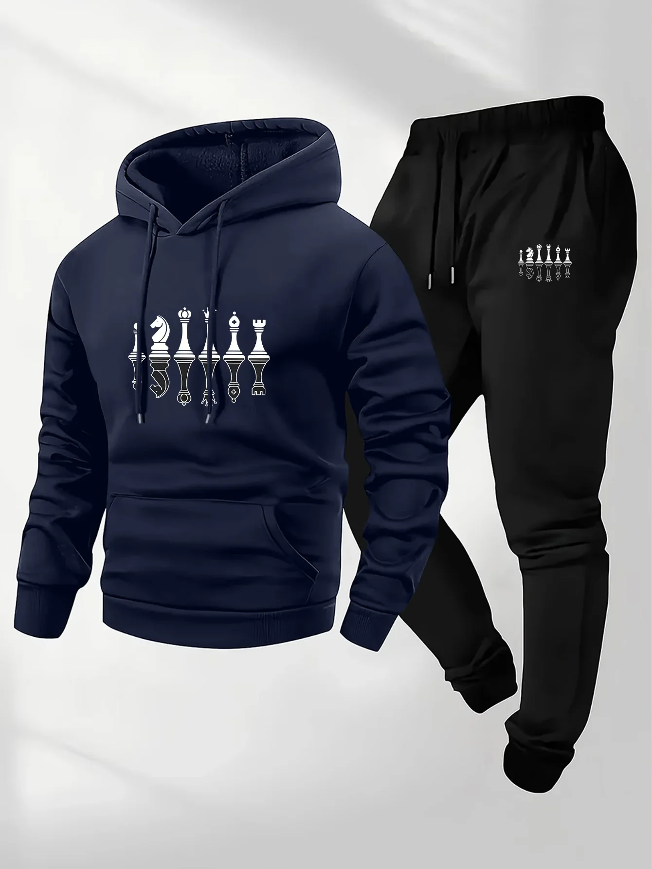 2026 Autumn Winter Chess Printed Creative Letter Men's Long Sleeved Round Neck Comfortable Sweatshirt Casual Clothing Suit