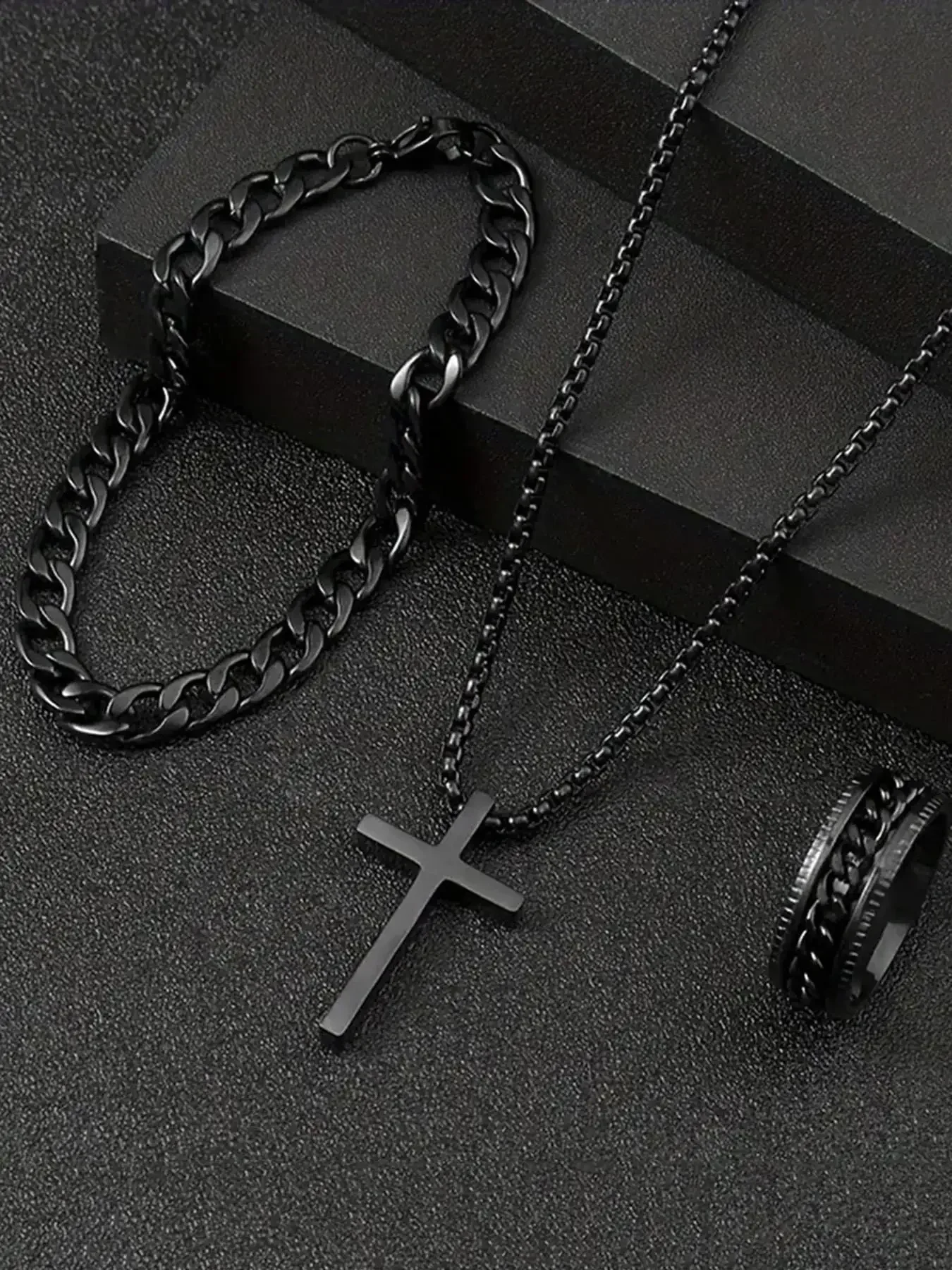 3 قطعة مجموعة الرجال الفولاذ المقاوم للصدأ المعادن الصليب سلسلة بدلاية قلادة سوار خاتم مجموعة الذكور الهيب هوب ارتداء اليومي الملحقات