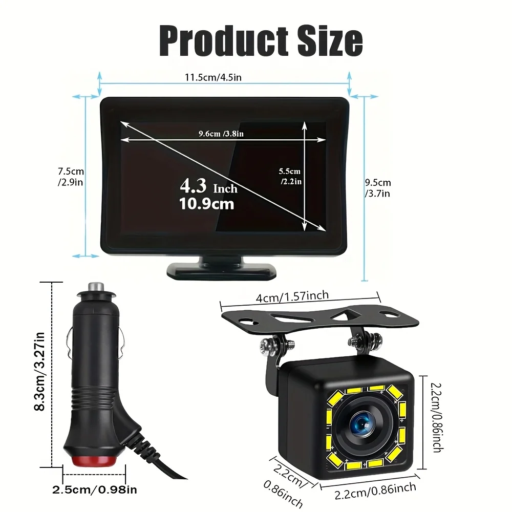 Plug-And-Play Kit, Includes a 4.3-Inch LCD High-Definition Monitor, a High-Definition Car Reversing Camera with 12 LED Lights