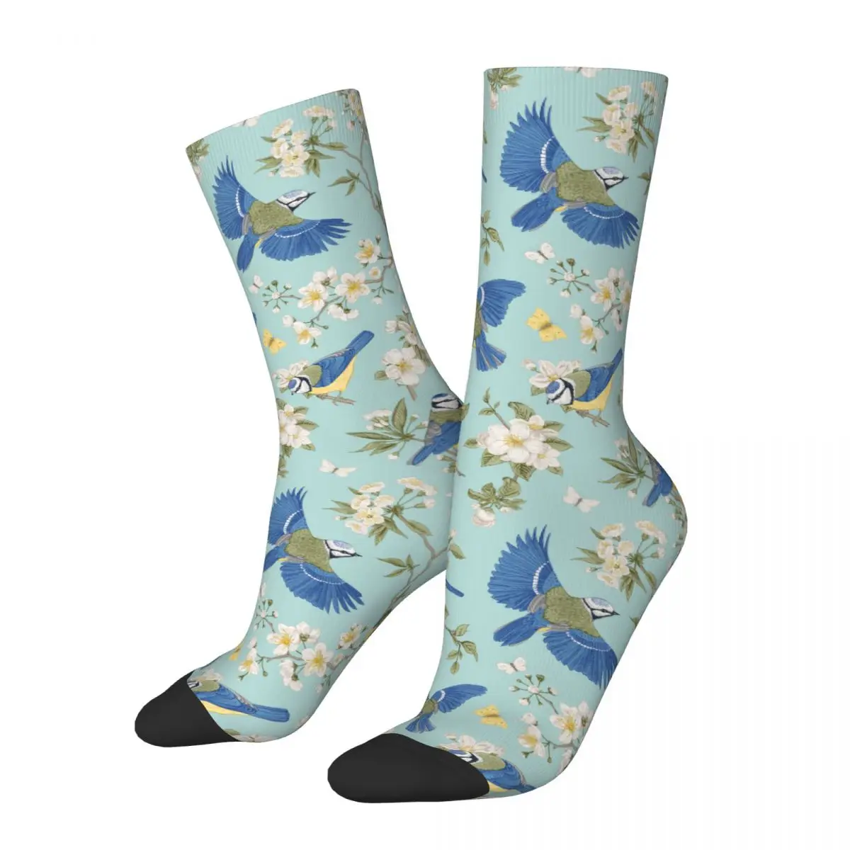 Autumn Winter Colorful Women Men Birds And Flowers Chinoiserie Socks Blue Tits Breathable Basketball Socks