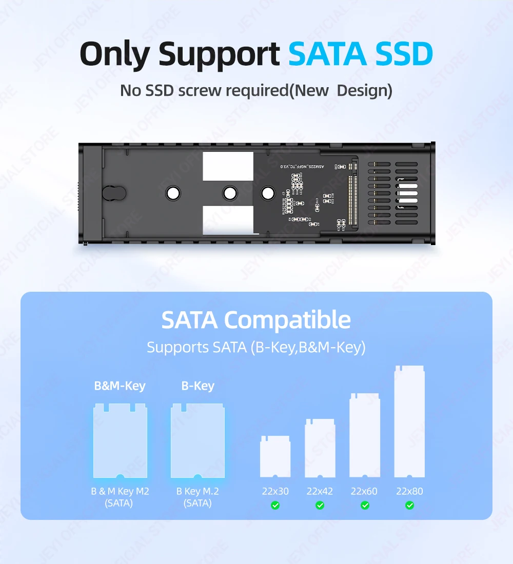 JEYI USB 3.1 (5 Gbit/s) M.2 SATA SSD-Aluminiumgehäuse schläft automatisch nach 30 Minuten – unterstützt 2230-2280 SATA SSDs (B+M-Taste). – Detail 4