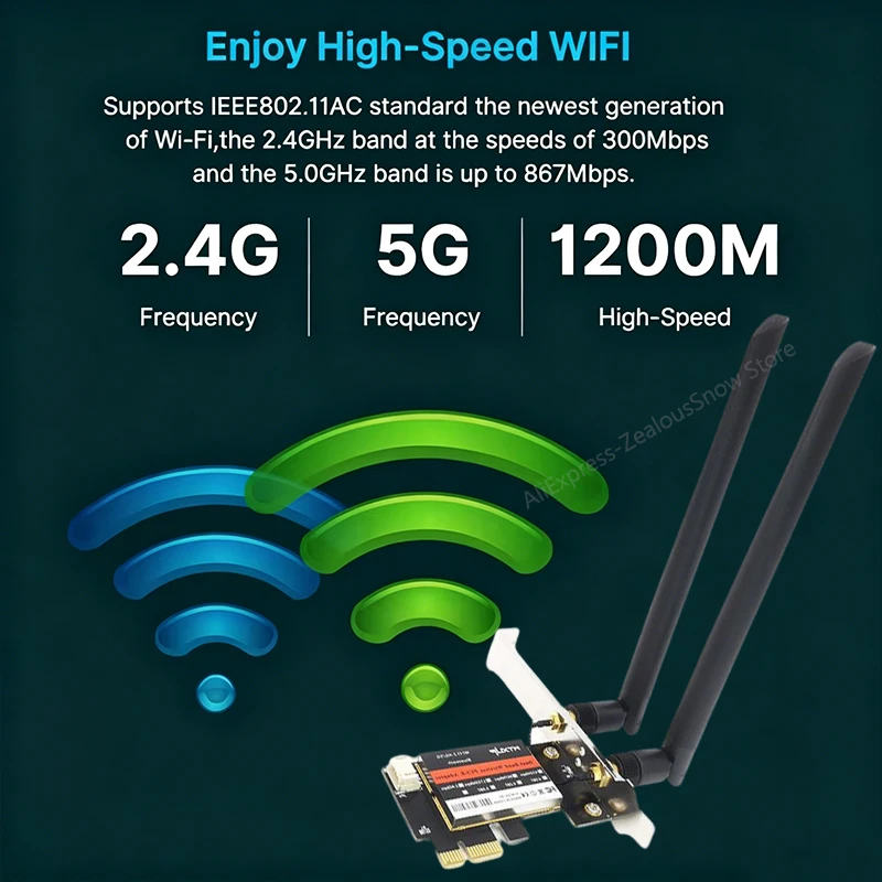 KEBIDUMEI AC1200 PCIe WiFi Card Bluetooth 4.2 Network Adapter with 8DB antenna 2.4G/5GHz 1200/300Mbps Wireless Card for Win11/10