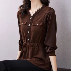 Autumn Elegant Fashion Commute Office Lady Formal Vintage Shirt Women V Neck Three Quarters Sleeve Button Pocket Lace Slim Top