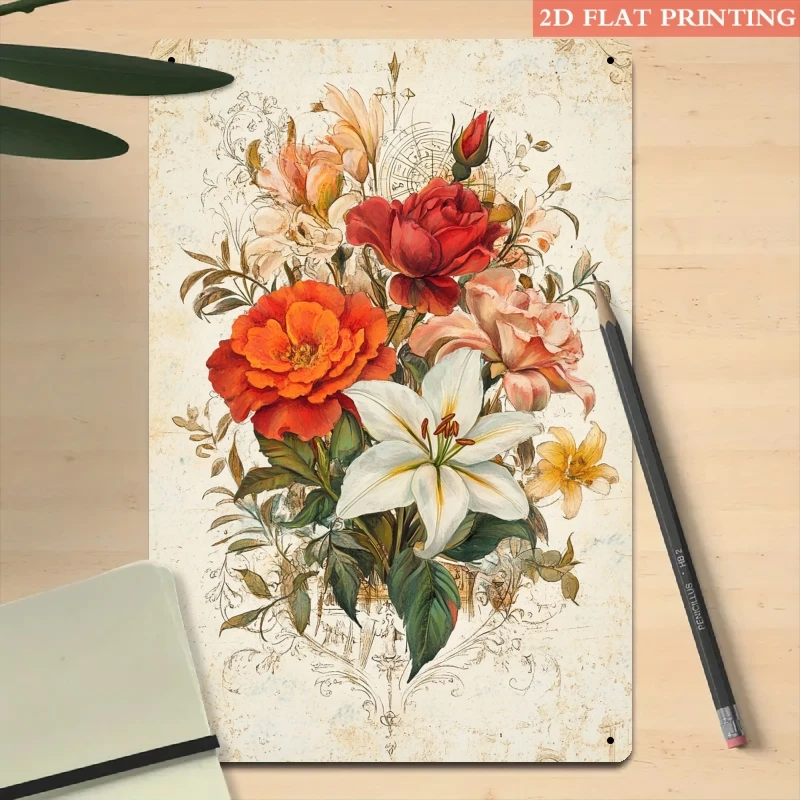 2D Flat Vintage Floral Bouquet Metal Tin Sign Iron 20x30cm Retro Bedroom Wall Decor Plaque Living Room Art Poster Tin Plate