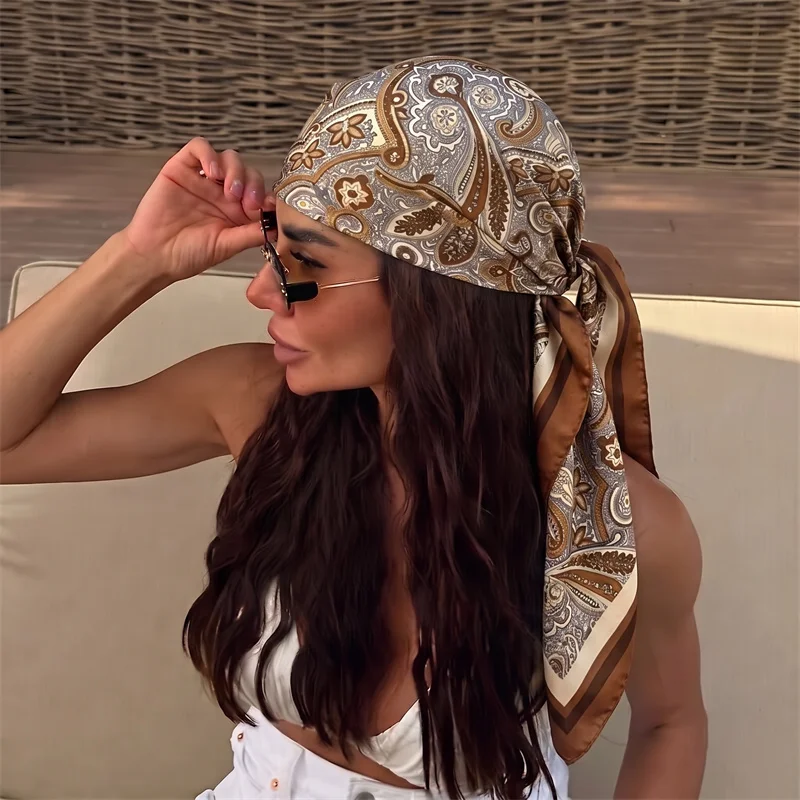 90CM Brown Retro Paisley Satin Scarf Women Shawl Ladies Neck Tie Wedding Bridesmaid Formal Wear Luxury Soft Texture Fashion