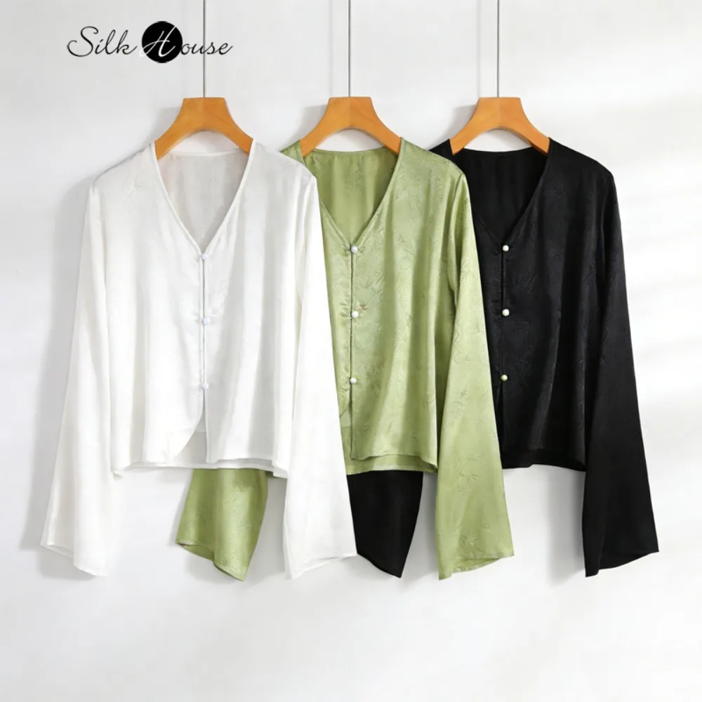 Women's Fashion Spring Clothing 100% Natural Mulberry Silk Double Twisted Rhone Breathable Sunscreen V-neck Long Sleeve Cardigan
