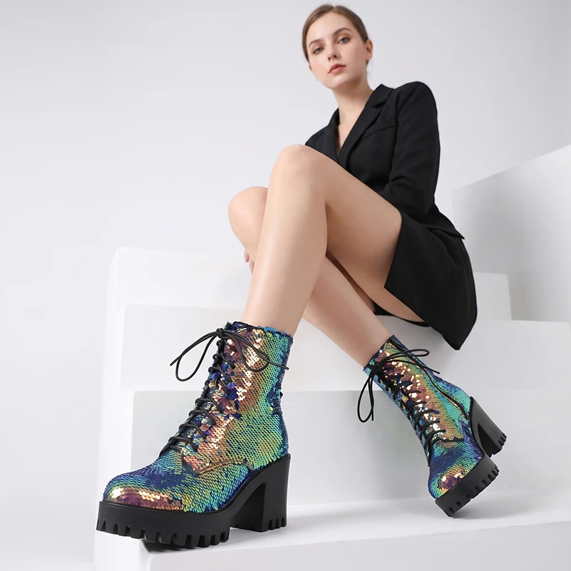 Fabric Inlaid Tiny Shiny Sequins Lace Up Block Heel Ankle Boots For Women, Color Changing Platform Booties With Side Zipper view 2