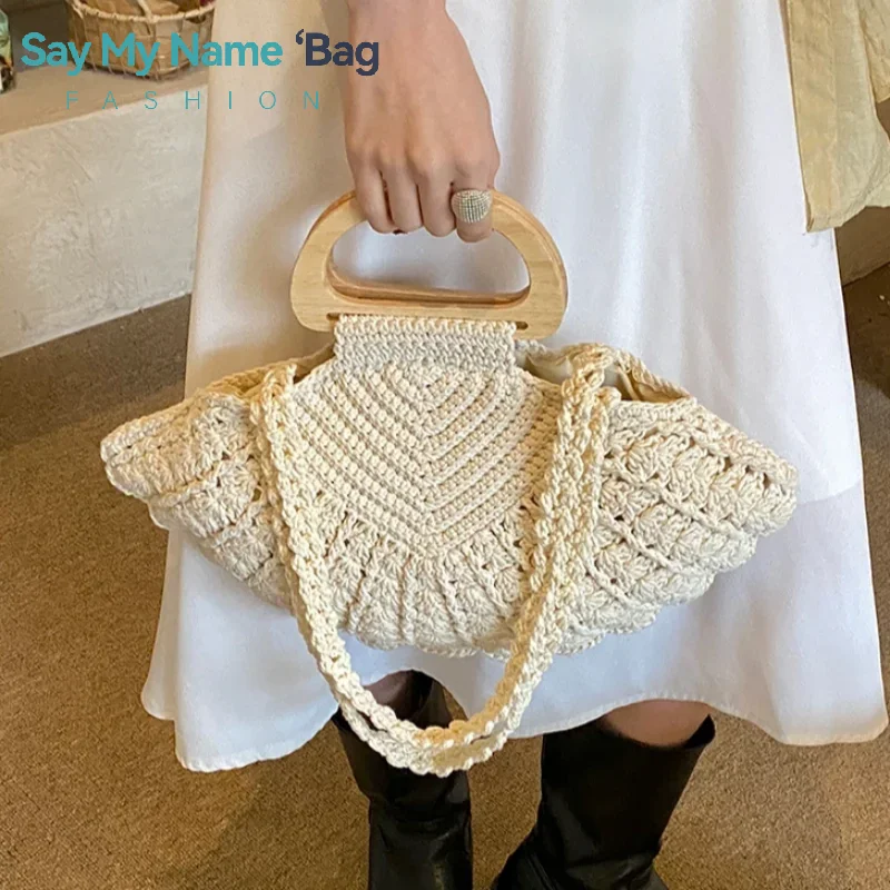 

Popular Woven Shell Shoulder Bag Wooden Handle Design Bohemian Style, Elegant Vacation Tote Bag Casual Commuter Handbag ﻿