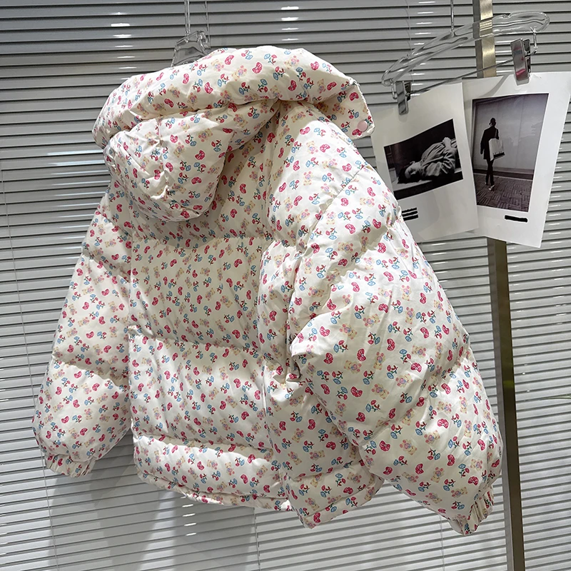 2025年冬新作 小花柄 ルーズ 暖かい フード付き ブレッドウェア コットンジャケット レディース 可愛い ゆったり 厚手 多用途コート