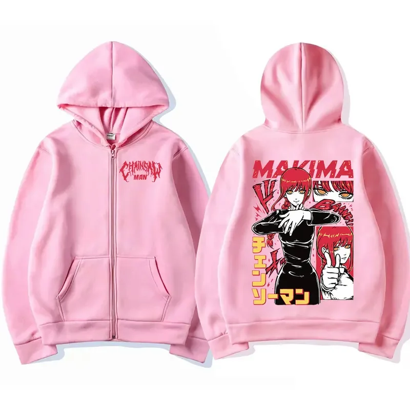 Sudadera con capucha de motosierra de Anime japonés para hombre y mujer, ropa con estampado divertido de Makima, sudadera con cremallera, chaqueta cálida Harajuku de talla grande