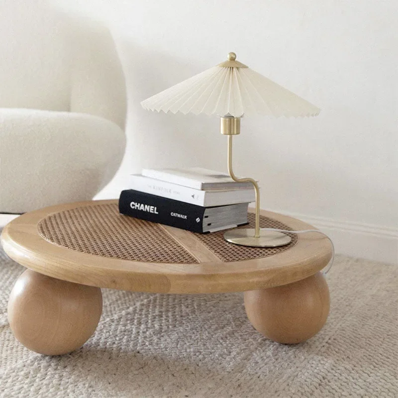 solid wood creative round rattan coffee table small apartment living room special-shaped simple round ball wooden pier low table