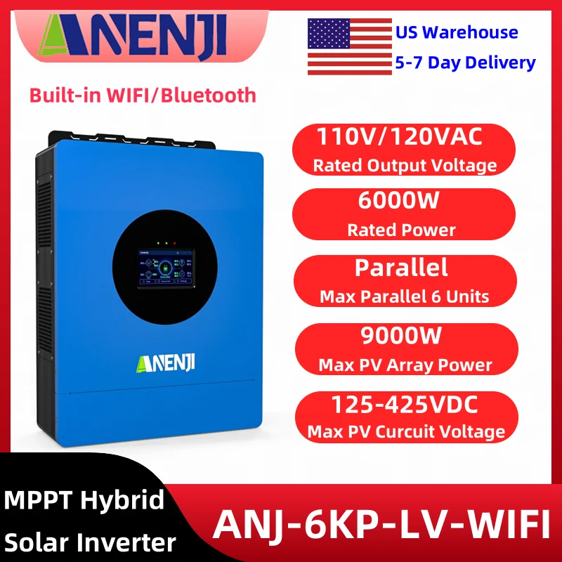 ANENJI 6KW Hybrid Parallel Solar Inverter 110v 48v Single Phaese Built-in 120A MPPT Solar Charge Controller Home energy system
