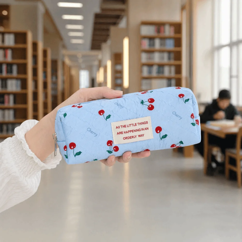 Korean Style Cherry Print Pencil Case Large Capacity Pen Bag Stationery Organizer School Office Supplies