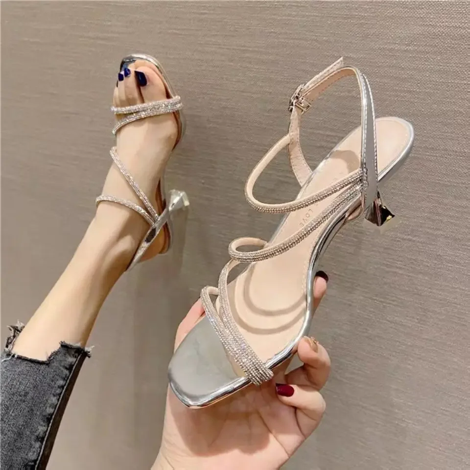 Sandals for Woman Buckles Women\'s Shoes Rhinestones Footwear One Word Stiletto Thin Heels Summer 2024 Shoe H Vip Anti Slip Hot F