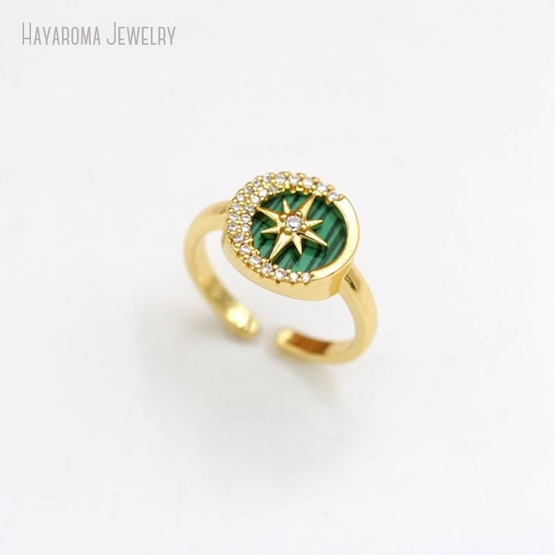 10Pcs Metal Malachite Cubic Zirconia Wholesale Gold Color Boho Witch Red Copper Invisible Setting Ring RM50868