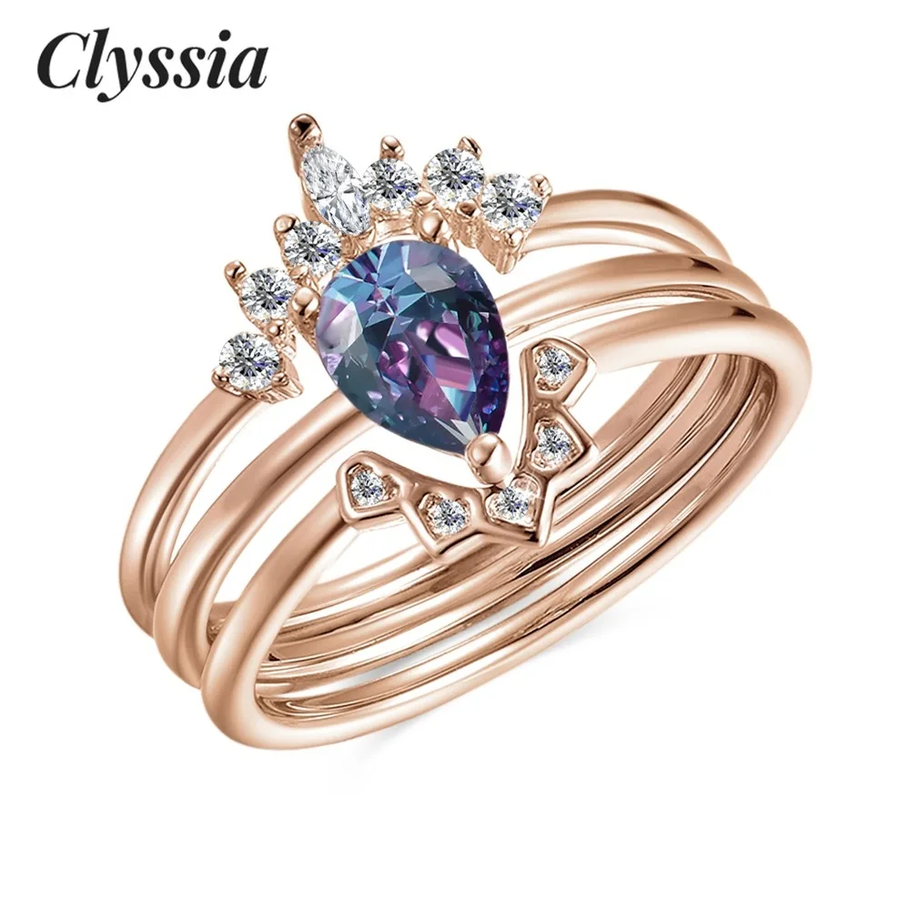 

CLYSSIA 3 в 1, стерлинговое серебро 925 пробы, изменение цвета, ювелирные изделия с драгоценными камнями, штабелируемые свадебные обручальные кольца с александритом, комплект ювелирных изделий