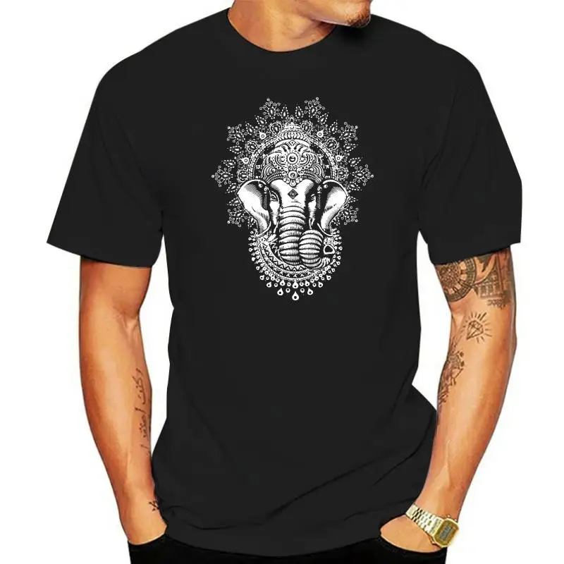 Mens Black T-shirt Ganesh Elephant God Line Art Meditation India Zen Hobo Yoga Men Fashion Cotton Tops Clothing  Black