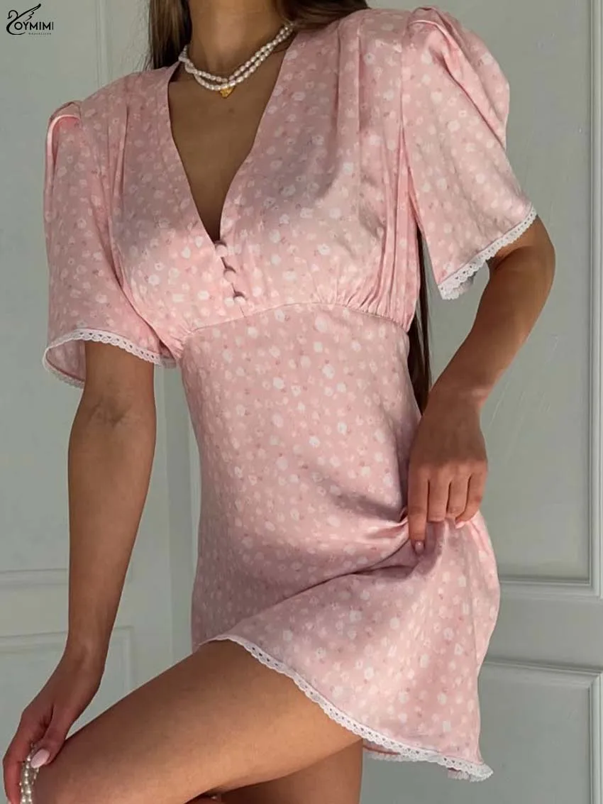 โออิมิมิชุดเดรสพิมพ์ลายสีชมพูหรูหราสำหรับผู้หญิงแฟชั่นคอวีแขนสั้นลูกไม้กระดุมชุดลำลองเอวสูงมินิเดรสหญิง