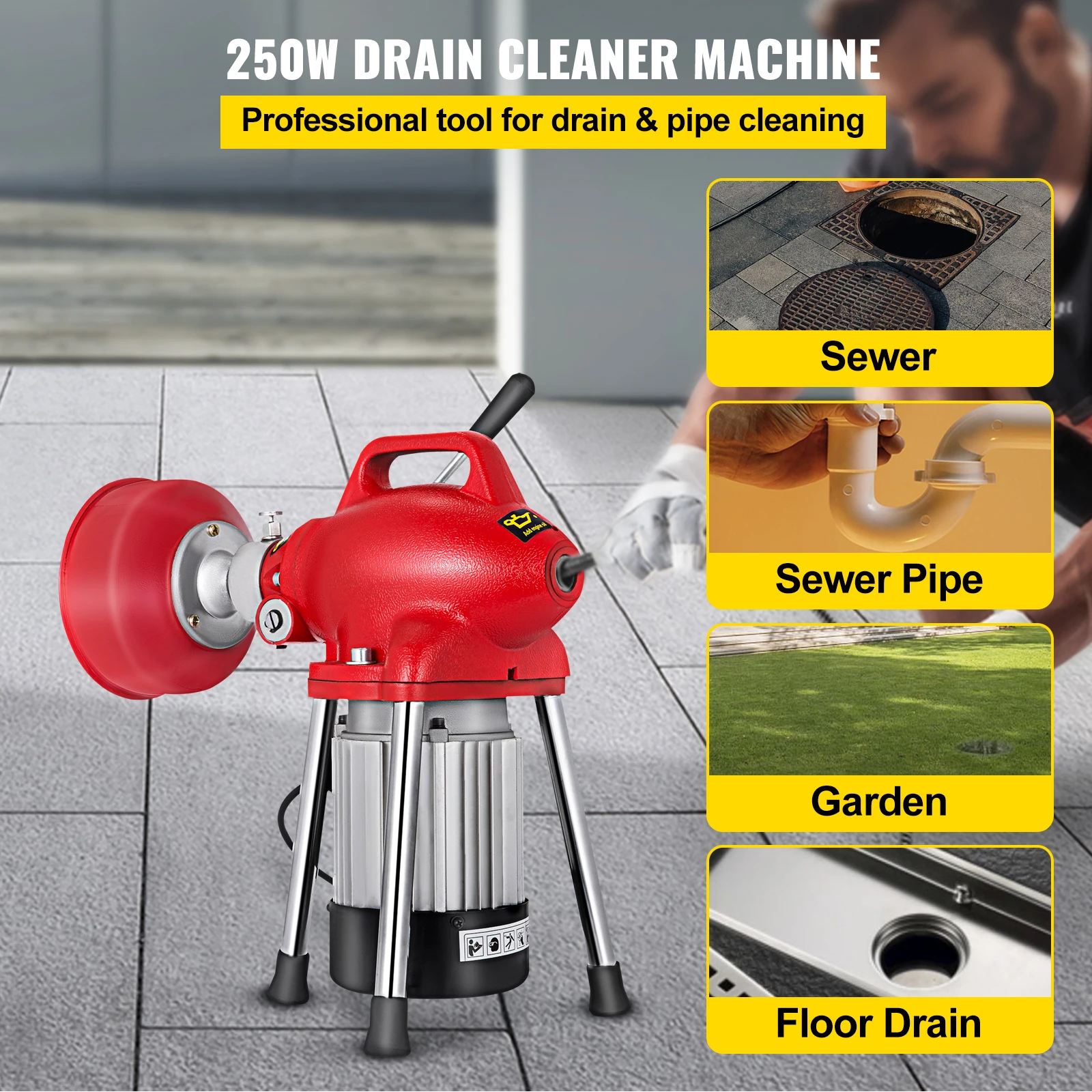VEVOR Macchina per la Pulizia degli Scarichi 250/400/500 W 2 Cavi Coclea di Scarico Elettrica per Tubi da 3/4" a 4" Power Spin con Funzione di Alimentazione Automatica e 6 Taglierine