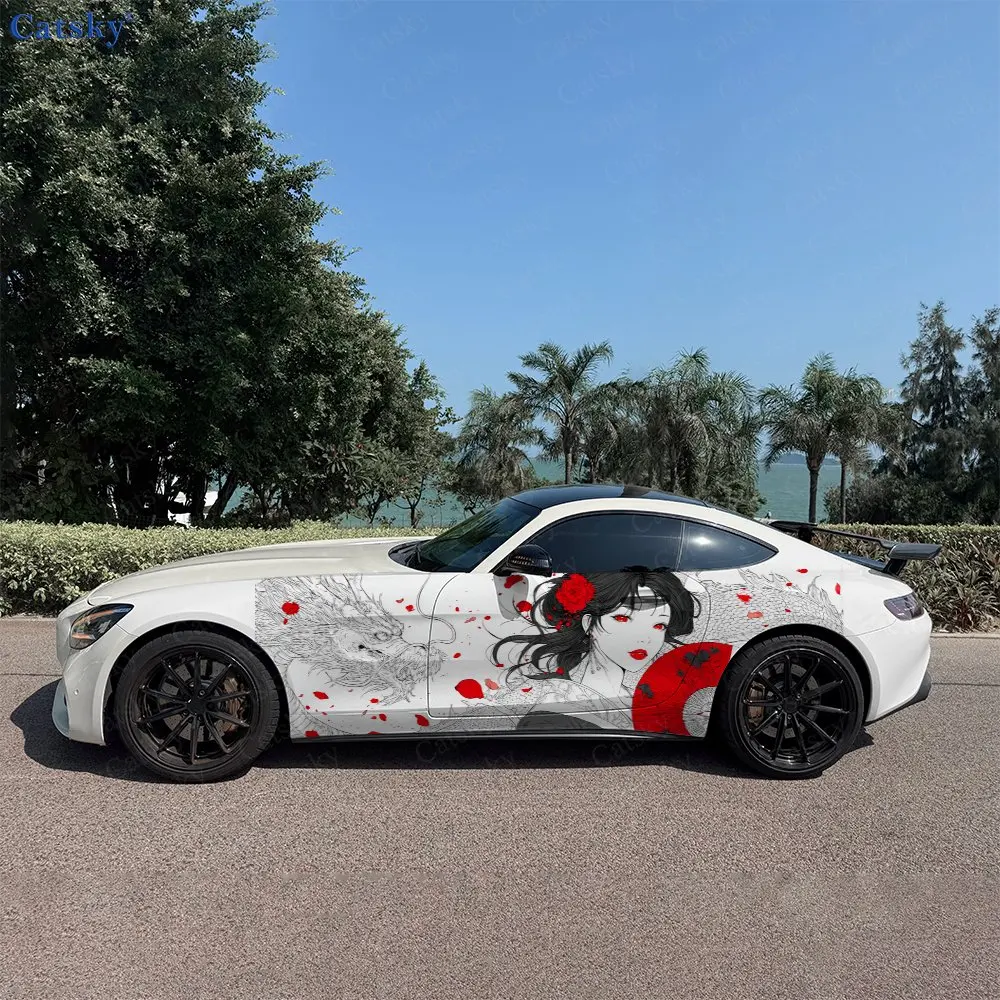 2pcs Beauty Red Flower Clusters Car Side Wraps, Self-Adhesive PVC Waterproof & Scratch-Resistant Stickers, Car Accessory Gift