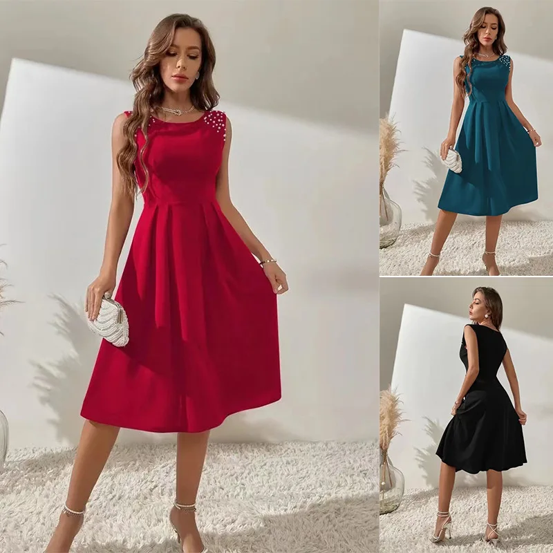 

Women's Elegant Sleeveless Beading Ball Gown, Pleated Slim Party Dresses, Female Sundress, O Neck, Retro