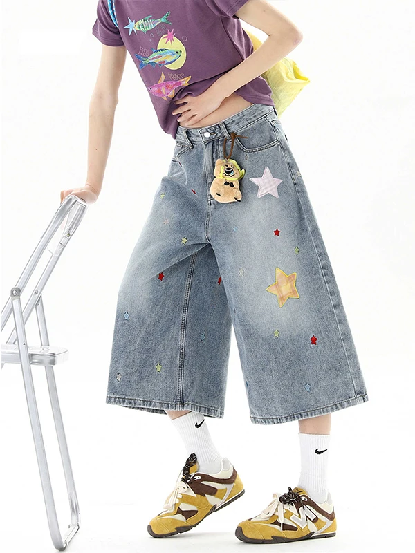

American Style Star Embroidery Denim Casual Loose Women's Seven-Foot Pants Summer Slim Straight Short Casual Wide Leg Mid-Pants