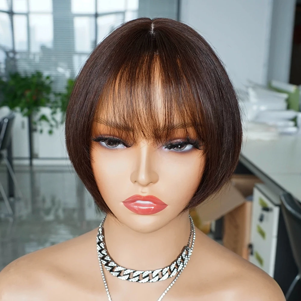 Brazilian Short Straight Hair Bob Wigs Human Hair Wig With Bangs Remy Full Machine Made Wig for Women Non Lace Bob Wig