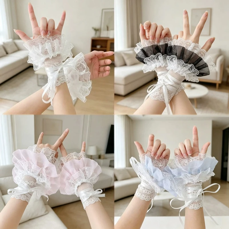 Lolita Y2K Girls Fingerless Gloves Women Lace Wrist Cuffs Fake Sleeves Silk Ribbon Ruffled Fishnet Gloves Cosplay Costume Props