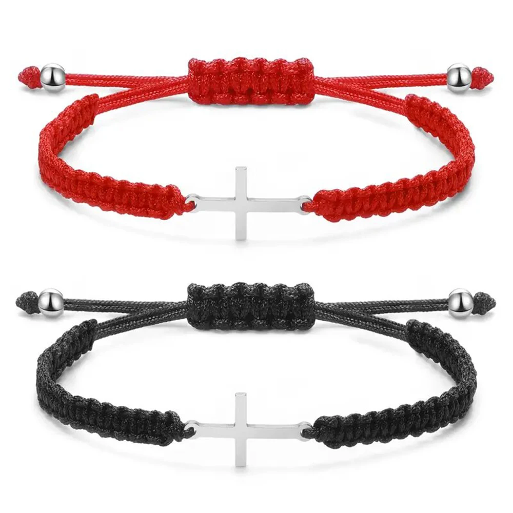 Stainless Steel Cross Men Bracelet Hand-Woven Adjustable Black White Red String Creative Couple Versatile Jewelry Boyfriend Gift