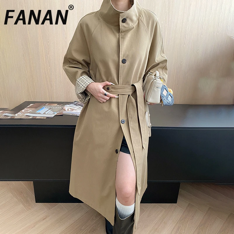 

FANAN Office Lady Long Trench Women's Stand Neck Single Breasted Belt Gathered Waist Double Sided Wearable Coats 2025 Autumn New