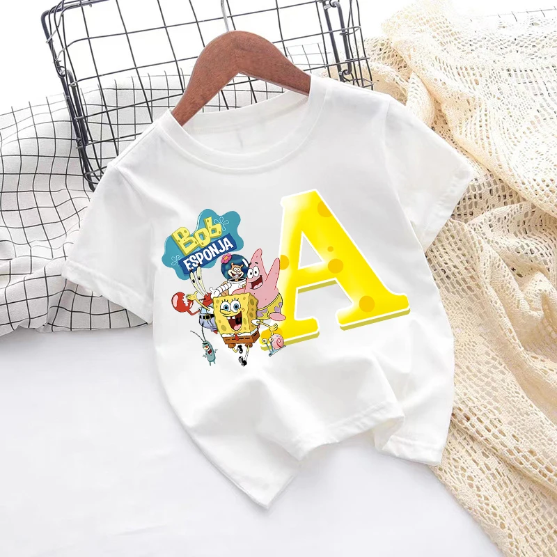 

SpongeBob SquarePants T-shirt Children Short Sleeves Cartoon Letter Print T Shirt Cotton Tees Boy Girl Tops Kid Summer Clothes