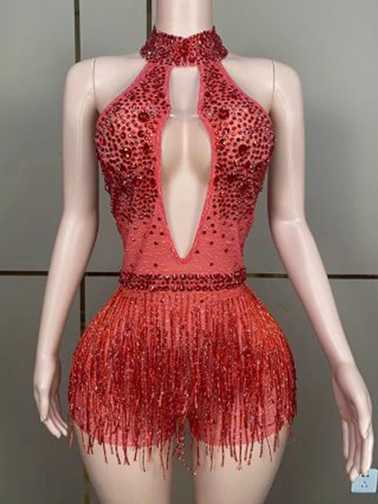 

High Quality Hot Diamond Tassel Elastic Sexy Hanging Neck Hollow Jumpsuit 2024 New Fashion Custom Women'S Clothing
