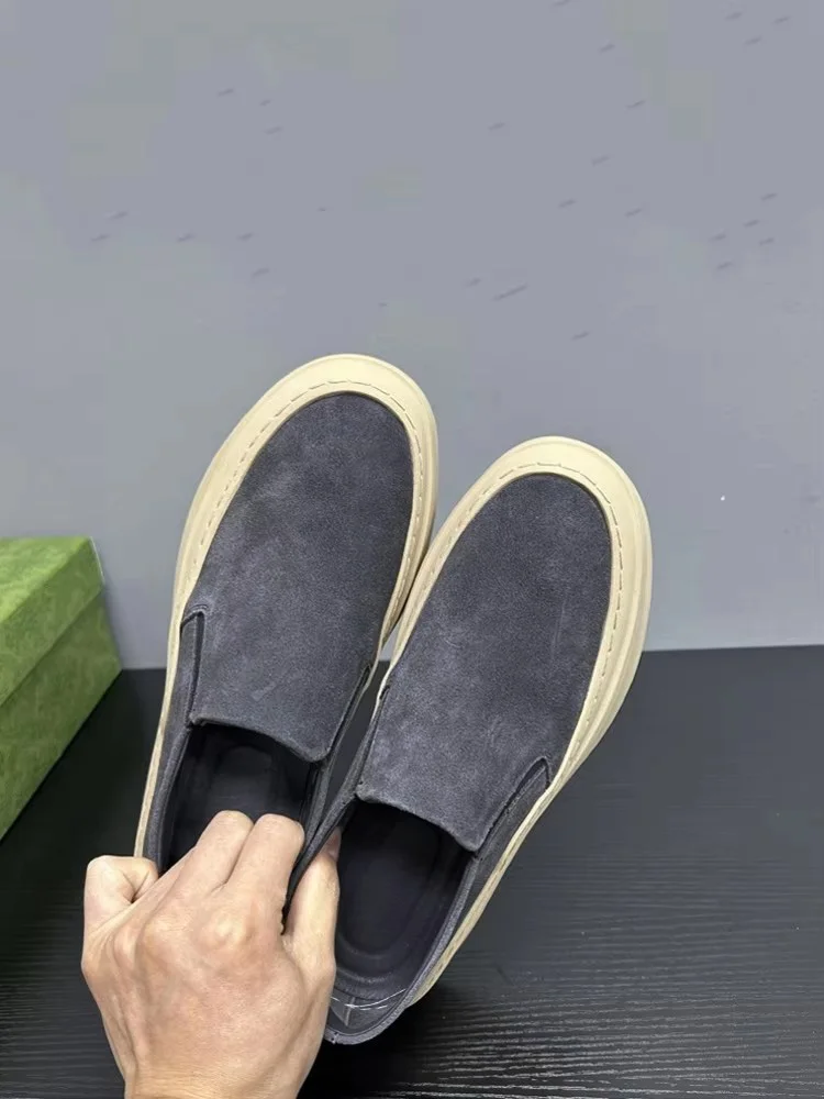 Spring Summer Men Retro Thick Platform Real Solid Color Suede Leather Breathable Comfortable Casual Shoes Flat Shoes Sneakers