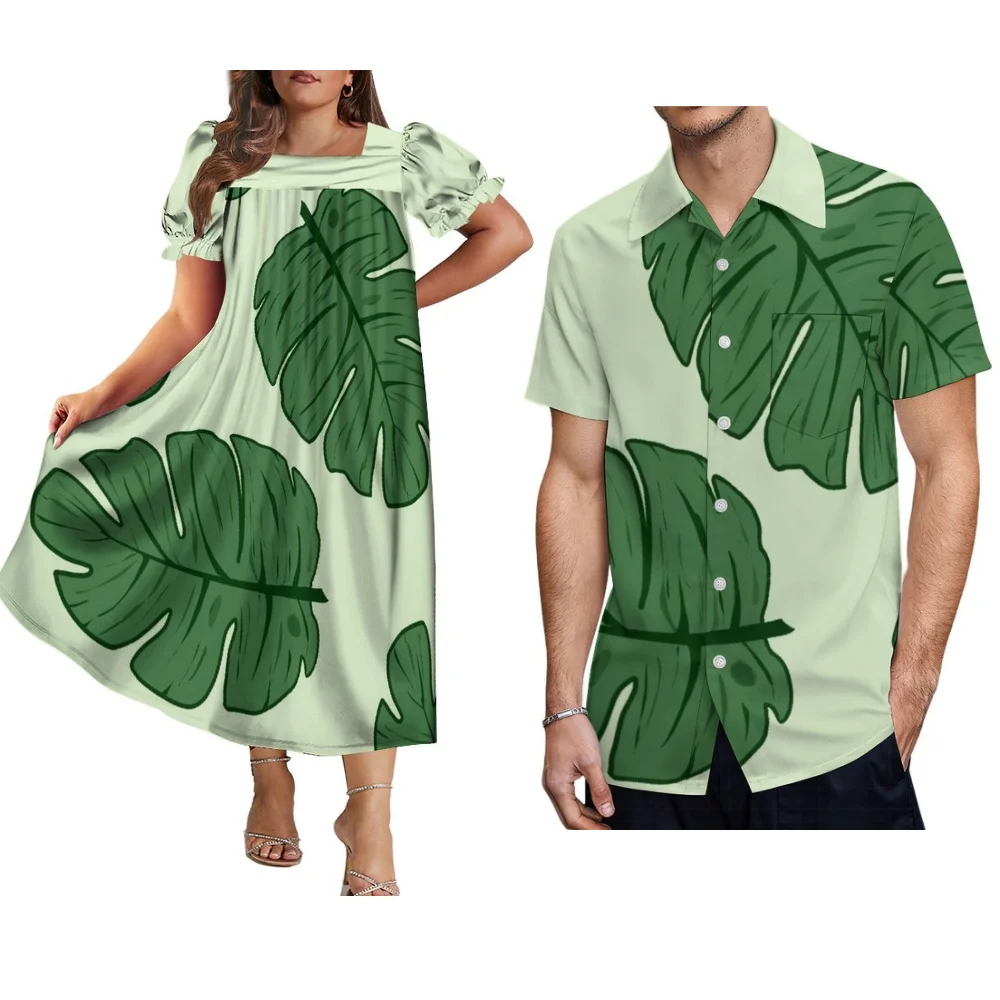 Wysokiej jakości, modna sukienka mumu z kwiatowym nadrukiem, damska sukienka z kwadratowym dekoltem, męska koszula zapinana na guziki, zestawy dla par na imprezy świąteczne.