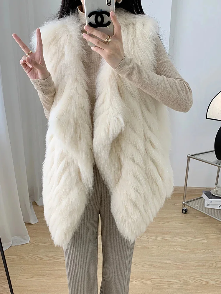 Fox Real Fur Sleeveless Vest Jacket Women Fashion Strip Sewed Toghter V-neck Elegant Warm Autumn Winter Coats